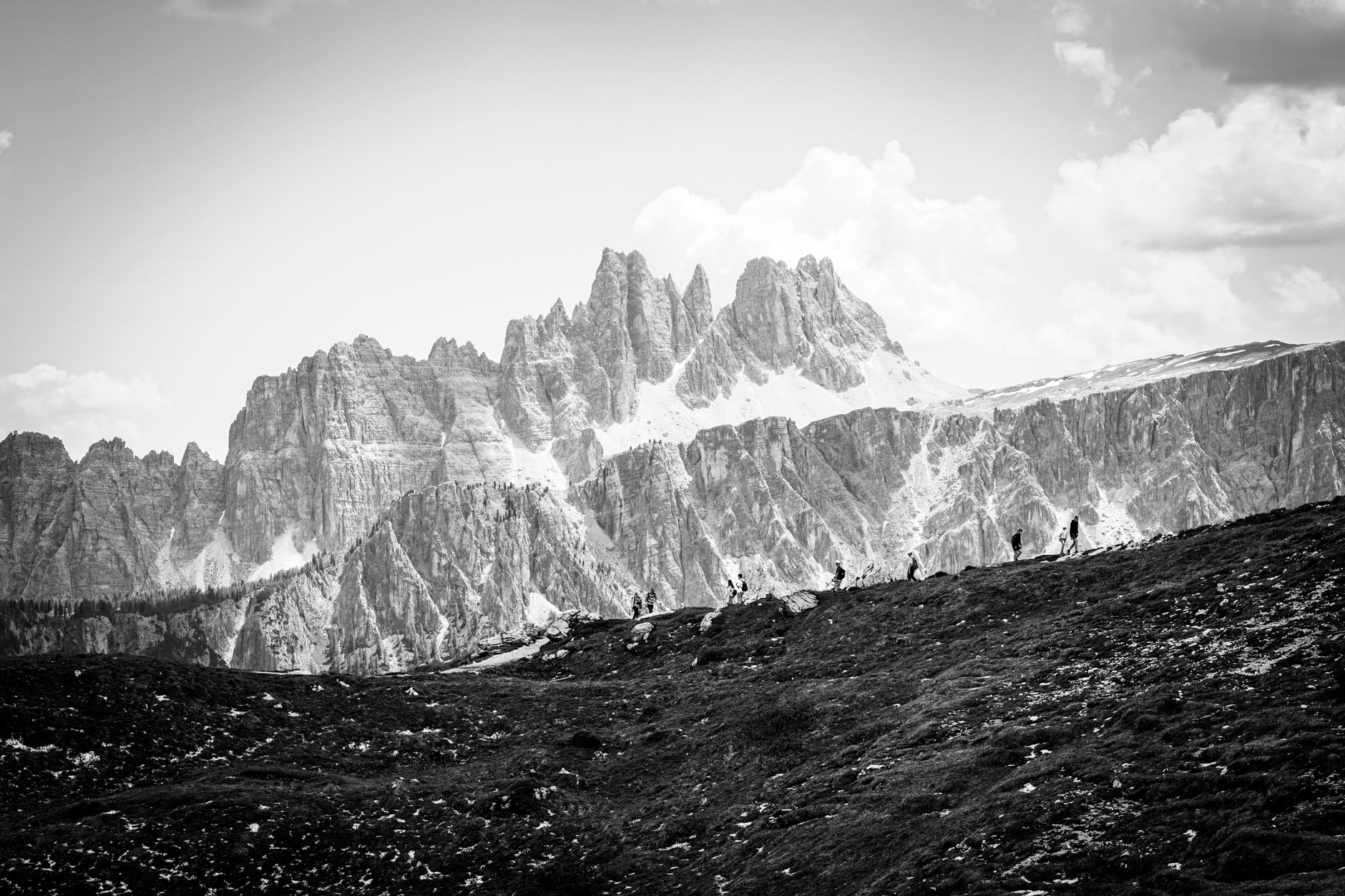 Dolomites limestone peaks illuminated at sunrise